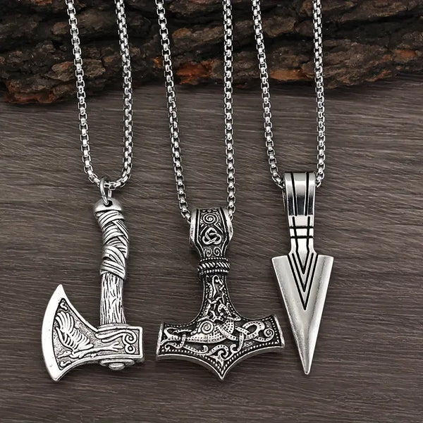 Ensemble de 3 Colliers Vikings – Homme  Amulettes nordiques : marteau viking, boussole, nœud celtique, loup & hache
