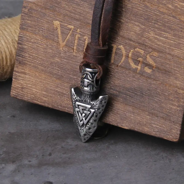 Collier Viking pour Homme - Pendentif Tête de Lance Valknut et Cordon en Similicuir