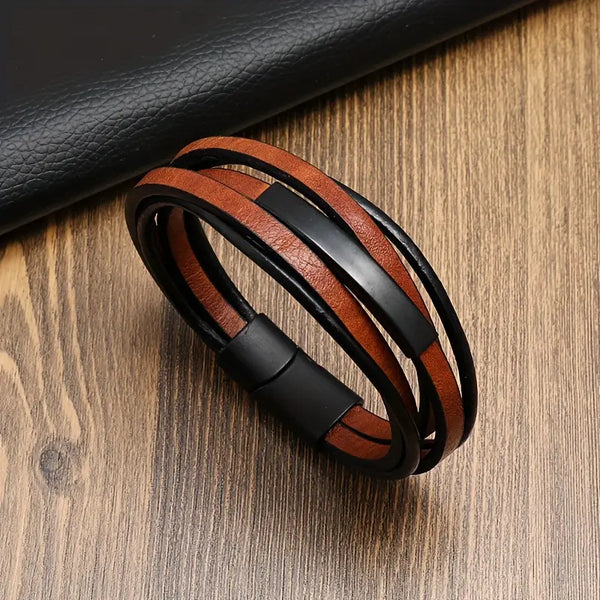 Bracelet Tressé en Cuir Synthétique – Homme  Design multi-couches – Noir & Brun