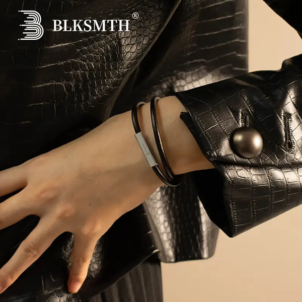 BLKSMTH – Bracelet en Cuir Gothique Punk  Double couche en acier titane – Idée cadeau