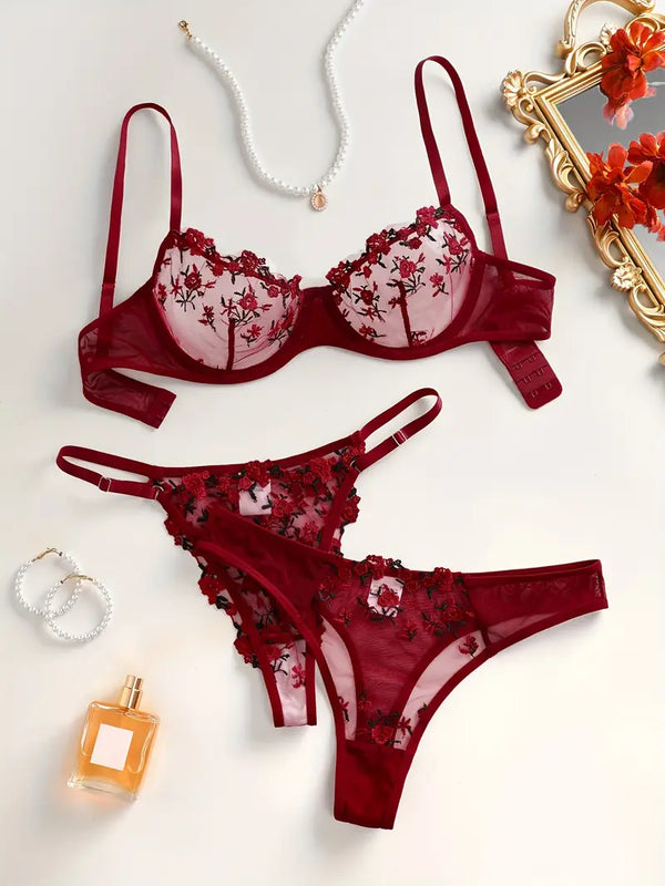 Ensemble de Lingerie en Tulle Brodé à Motif Floral - Soutien-Gorge et String avec Culotte Triangle